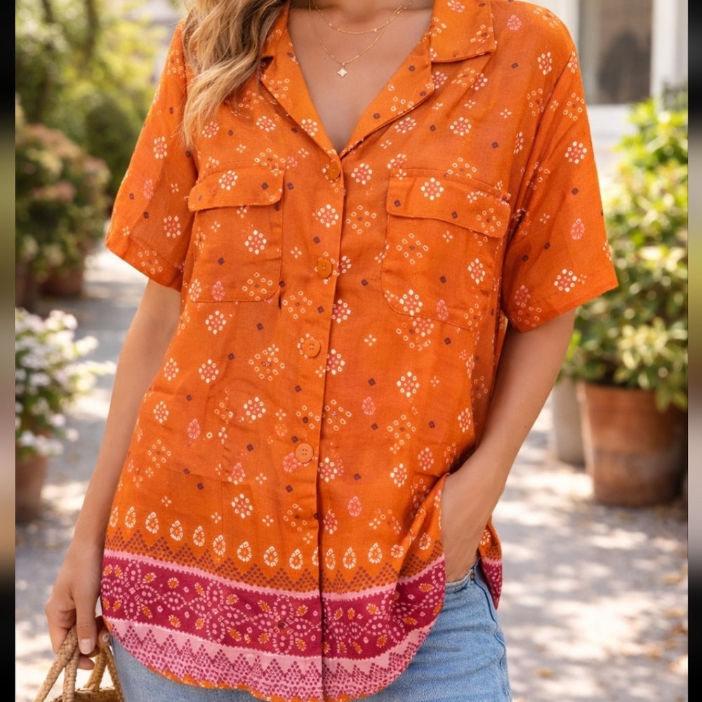 DR2 Orange Boho Button Front Blouse XL | Bandana Print Festival Top Oversized